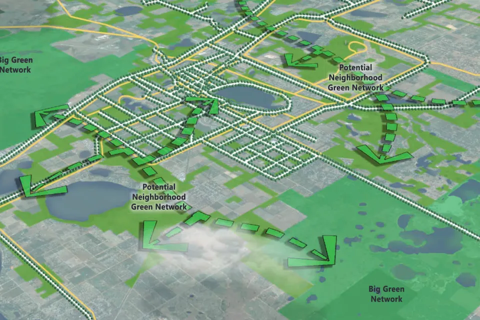 Map drawing from Lake Wales, Florida master plan highlighting green networks.